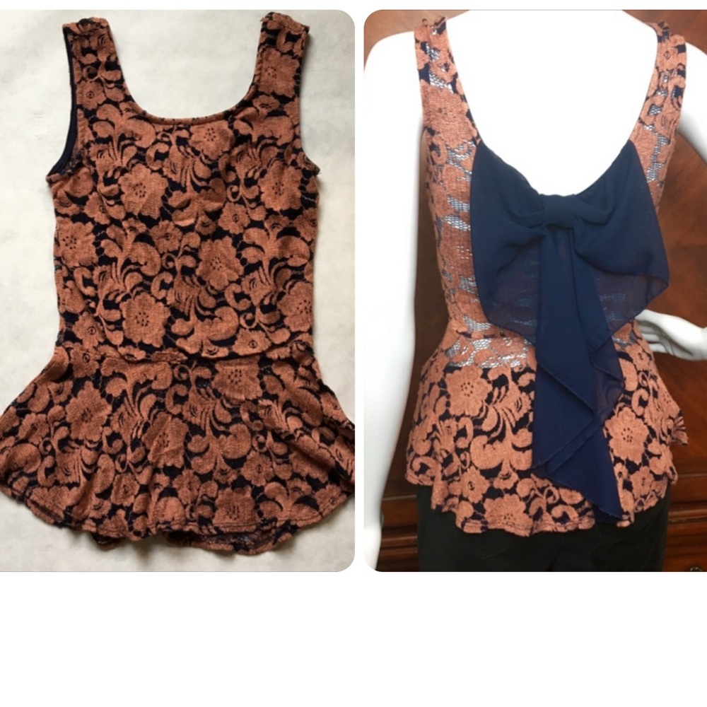 Peachy Mauve & Navy Blue Top With Bow Detail